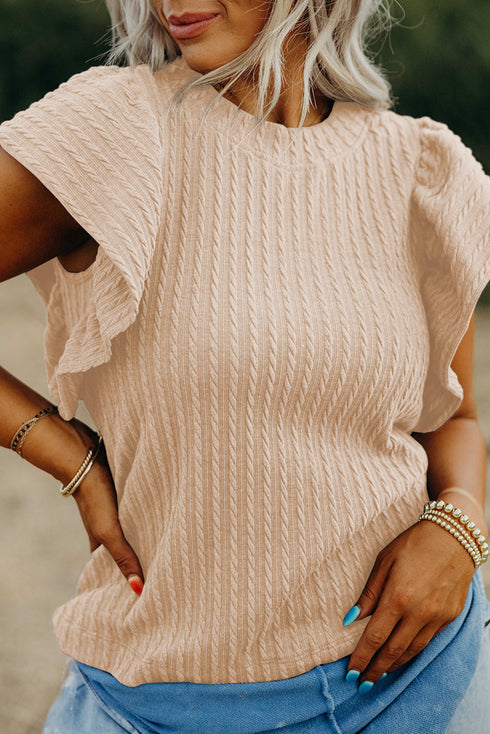 Textured Flutter Sleeve V Neck Relaxed Fit Blouse