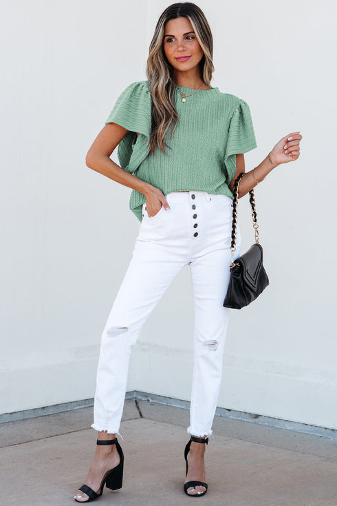 Textured Flutter Sleeve V Neck Relaxed Fit Blouse