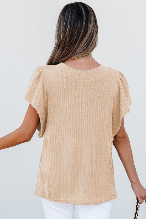 Textured Flutter Sleeve V Neck Relaxed Fit Blouse