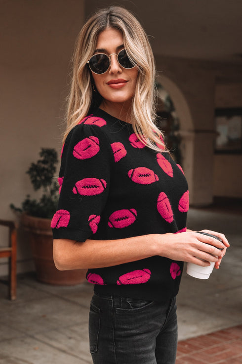 Textured Football Graphic Short Sleeve Crewneck Sweater