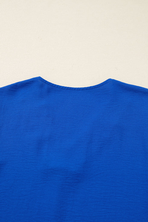 Textured Frill Trim V Neck Three Quarter Balloon Sleeve Shift Mini Dress