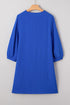 Textured Frill Trim V Neck Three Quarter Balloon Sleeve Shift Mini Dress