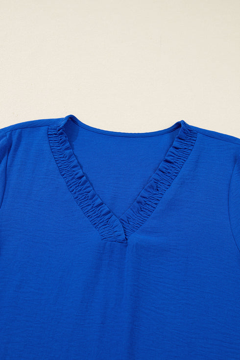 Textured Frill Trim V Neck Three Quarter Balloon Sleeve Shift Mini Dress