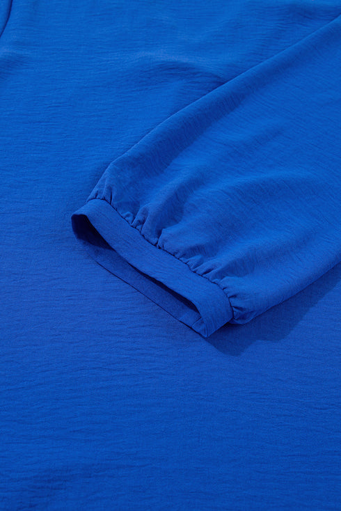 Textured Frill Trim V Neck Three Quarter Balloon Sleeve Shift Mini Dress