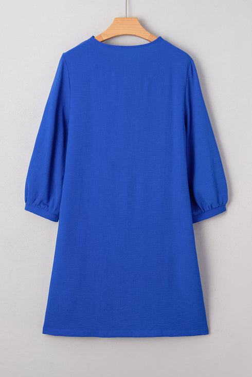 Textured Frilled V Neck Bracelet Sleeve Shift Mini Dress