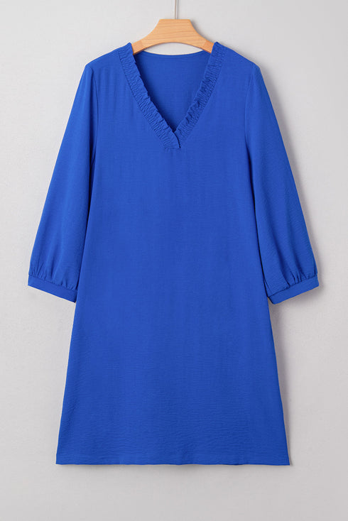 Textured Frilled V Neck Bracelet Sleeve Shift Mini Dress