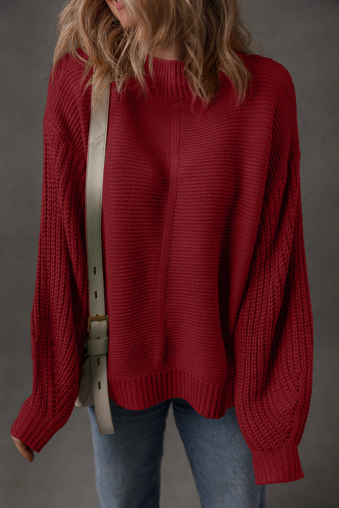 Textured Front Seam Drop Shoulder High Crewneck Sweater