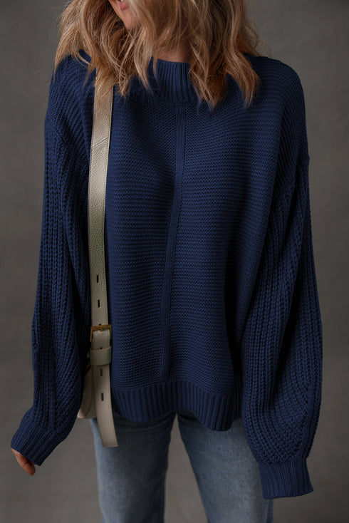 Textured Front Seam Drop Shoulder High Crewneck Sweater