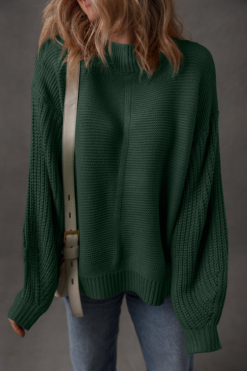 Textured Front Seam Drop Shoulder High Crewneck Sweater