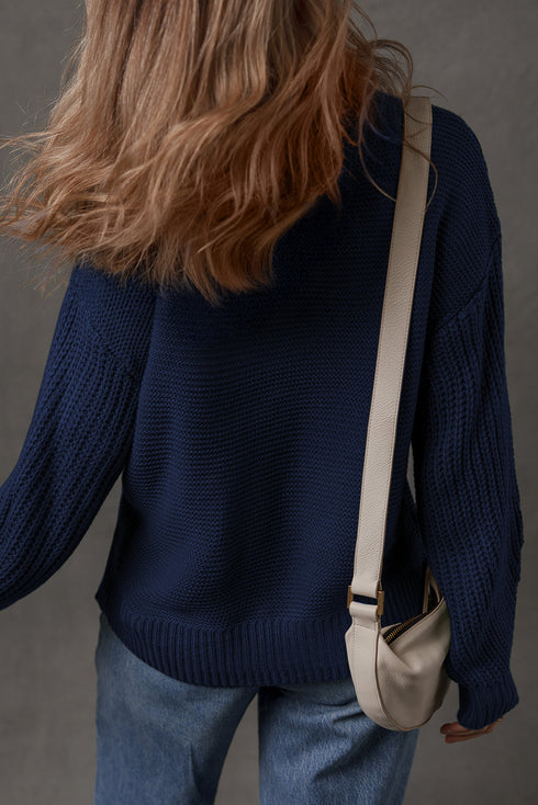 Textured Front Seam Drop Shoulder High Crewneck Sweater