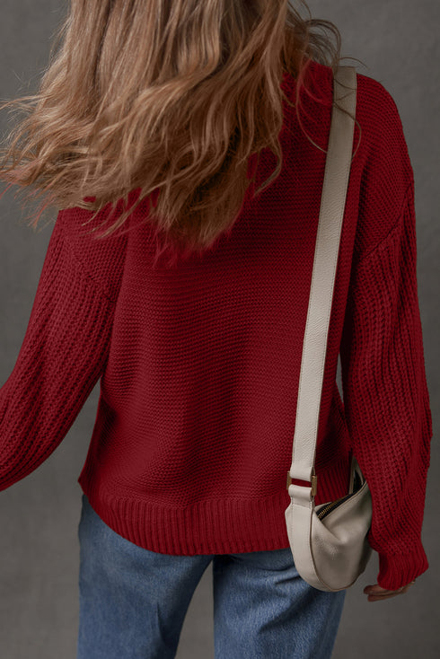 Textured Front Seam Drop Shoulder High Crewneck Sweater
