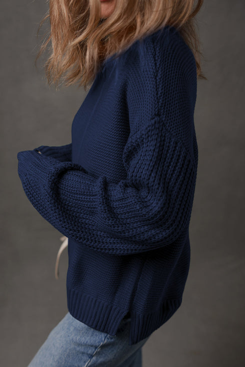 Textured Front Seam Drop Shoulder High Crewneck Sweater
