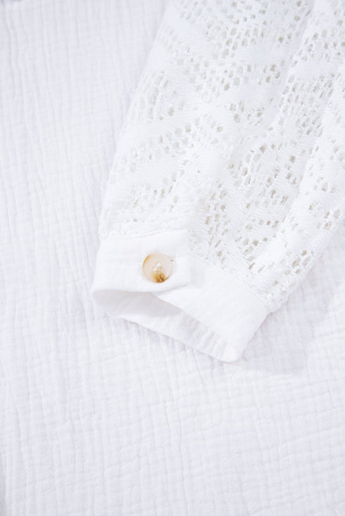 Textured Gauze Button Down With Crochet Sleeve Shirt