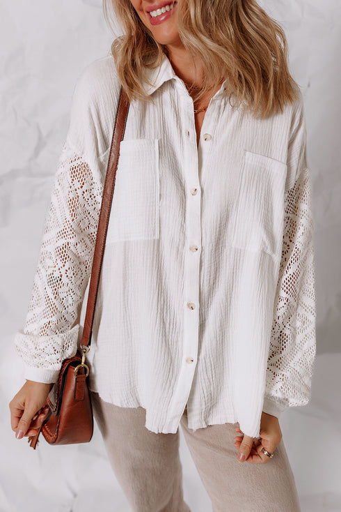 Textured Gauze Button Down With Crochet Sleeve Shirt