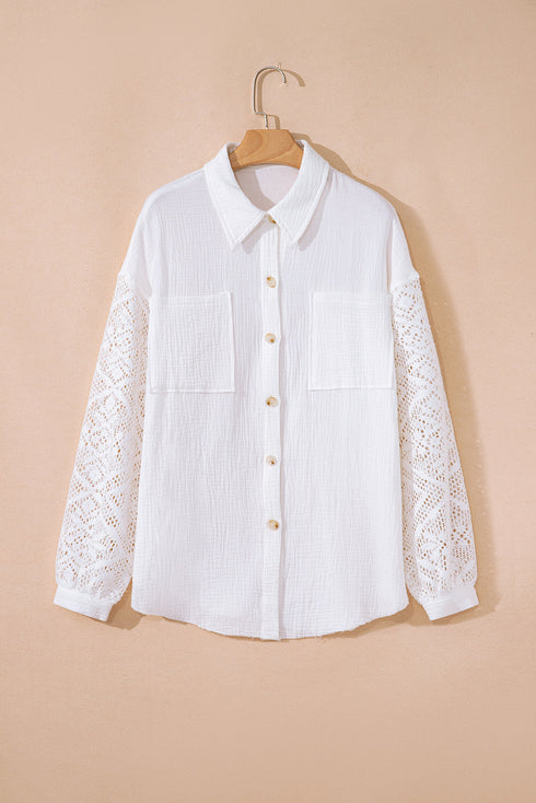 Textured Gauze Button Down With Crochet Sleeve Shirt
