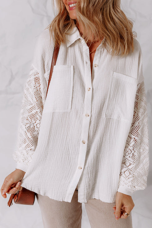 Textured Gauze Button Down With Crochet Sleeve Shirt