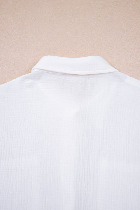Textured Gauze Button Down With Crochet Sleeve Shirt