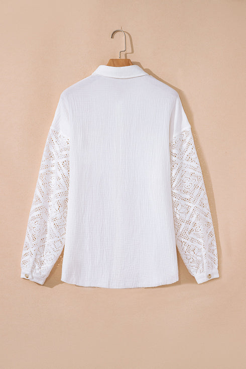 Textured Gauze Button Down With Crochet Sleeve Shirt