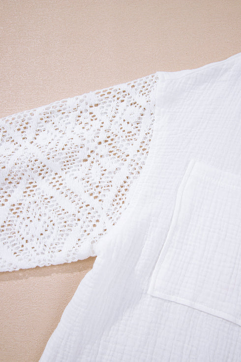 Textured Gauze Button Down With Crochet Sleeve Shirt
