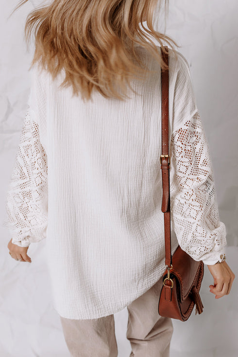 Textured Gauze Button Down With Crochet Sleeve Shirt