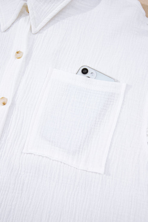 Textured Gauze Button Down With Crochet Sleeve Shirt