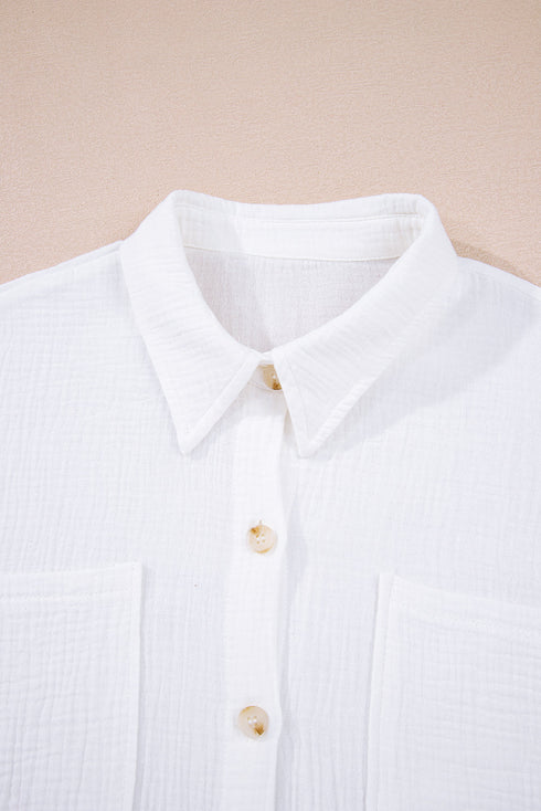 Textured Gauze Button Down With Crochet Sleeve Shirt