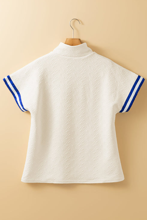 Textured Geometric Half Zip Short Sleeve Top