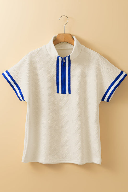 Textured Geometric Half Zip Short Sleeve Top