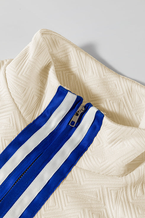 Textured Geometric Half Zip Short Sleeve Top