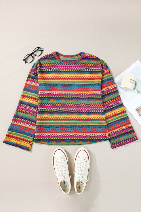 Textured Geometric Jacquard Crew Neck Long Sleeve Top