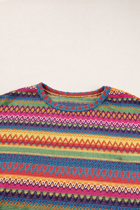 Textured Geometric Jacquard Crew Neck Long Sleeve Top