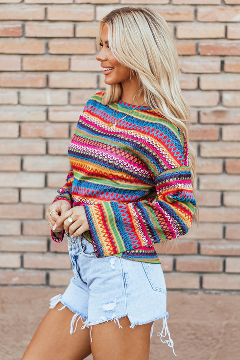 Textured Geometric Jacquard Crew Neck Long Sleeve Top