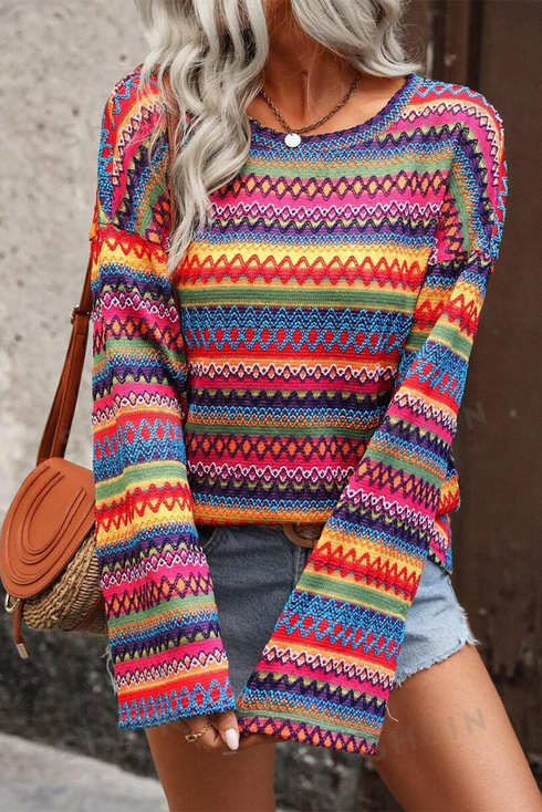 Textured Geometric Jacquard Crew Neck Long Sleeve Top