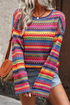Textured Geometric Jacquard Crew Neck Long Sleeve Top