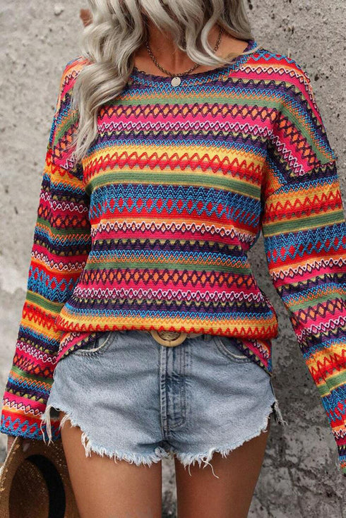 Textured Geometric Jacquard Crew Neck Long Sleeve Top