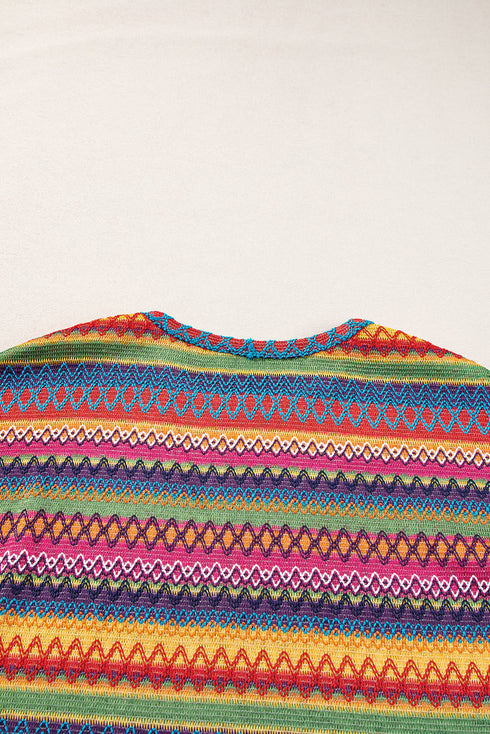 Textured Geometric Jacquard Crew Neck Long Sleeve Top