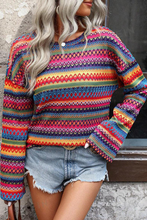 Textured Geometric Jacquard Crew Neck Long Sleeve Top