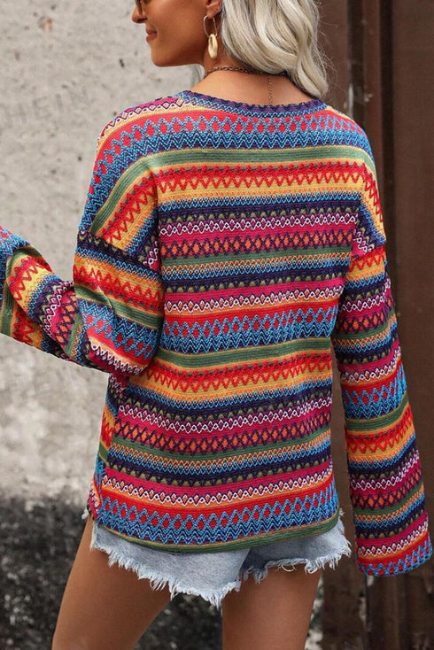 Textured Geometric Jacquard Crew Neck Long Sleeve Top