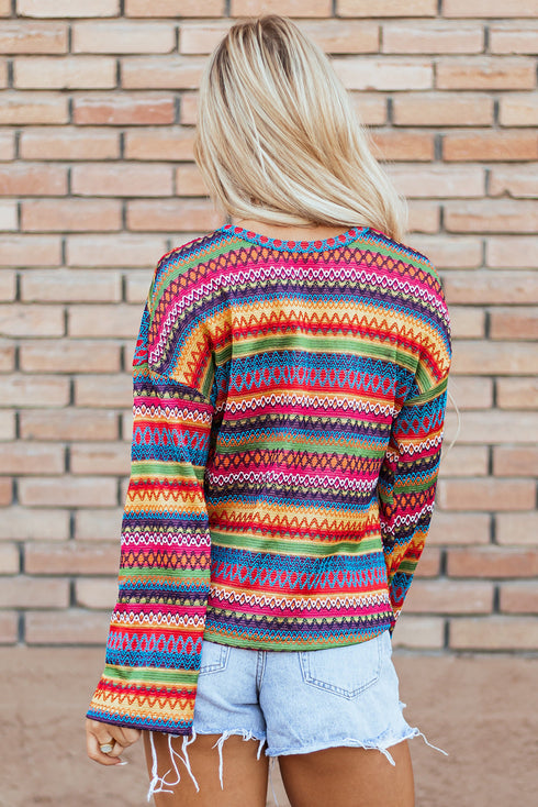 Textured Geometric Jacquard Crew Neck Long Sleeve Top