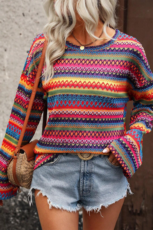 Textured Geometric Jacquard Crew Neck Long Sleeve Top