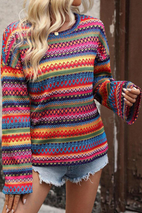 Textured Geometric Jacquard Crew Neck Long Sleeve Top