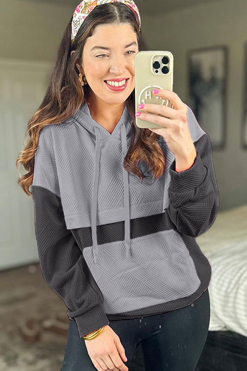 Textured Geometric Knit Blocked Panel Hoodie