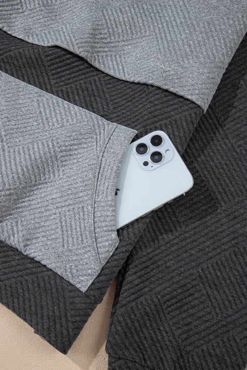 Textured Geometric Knit Blocked Panel Hoodie