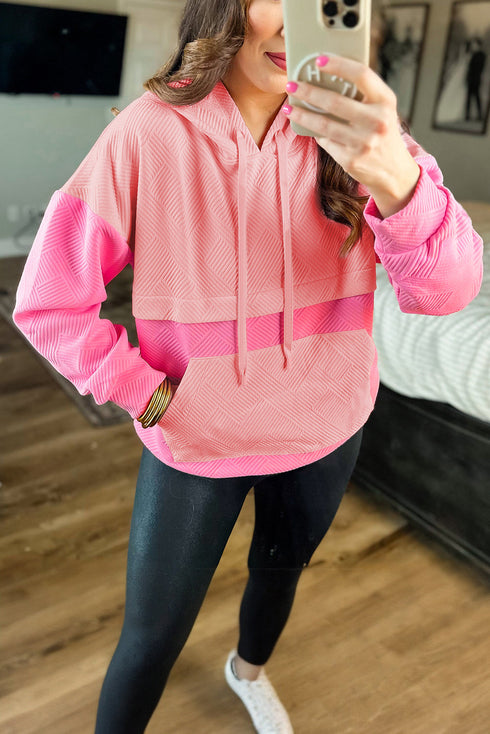 Textured Geometric Knit Blocked Panel Hoodie