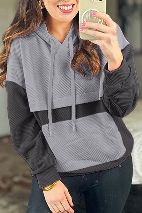 Textured Geometric Knit Blocked Panel Hoodie