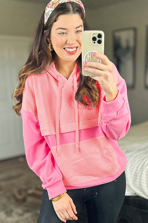 Textured Geometric Knit Blocked Panel Hoodie