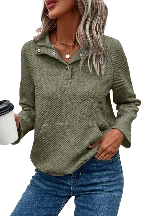 Textured Geometric Knit Button Neck Long Sleeve Pullover