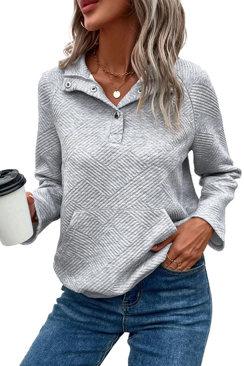 Textured Geometric Knit Button Neck Long Sleeve Pullover