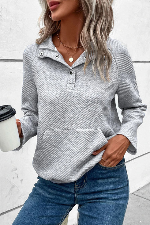 Textured Geometric Knit Button Neck Long Sleeve Pullover