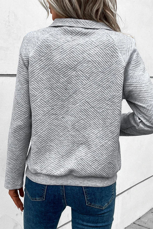 Textured Geometric Knit Button Neck Long Sleeve Pullover